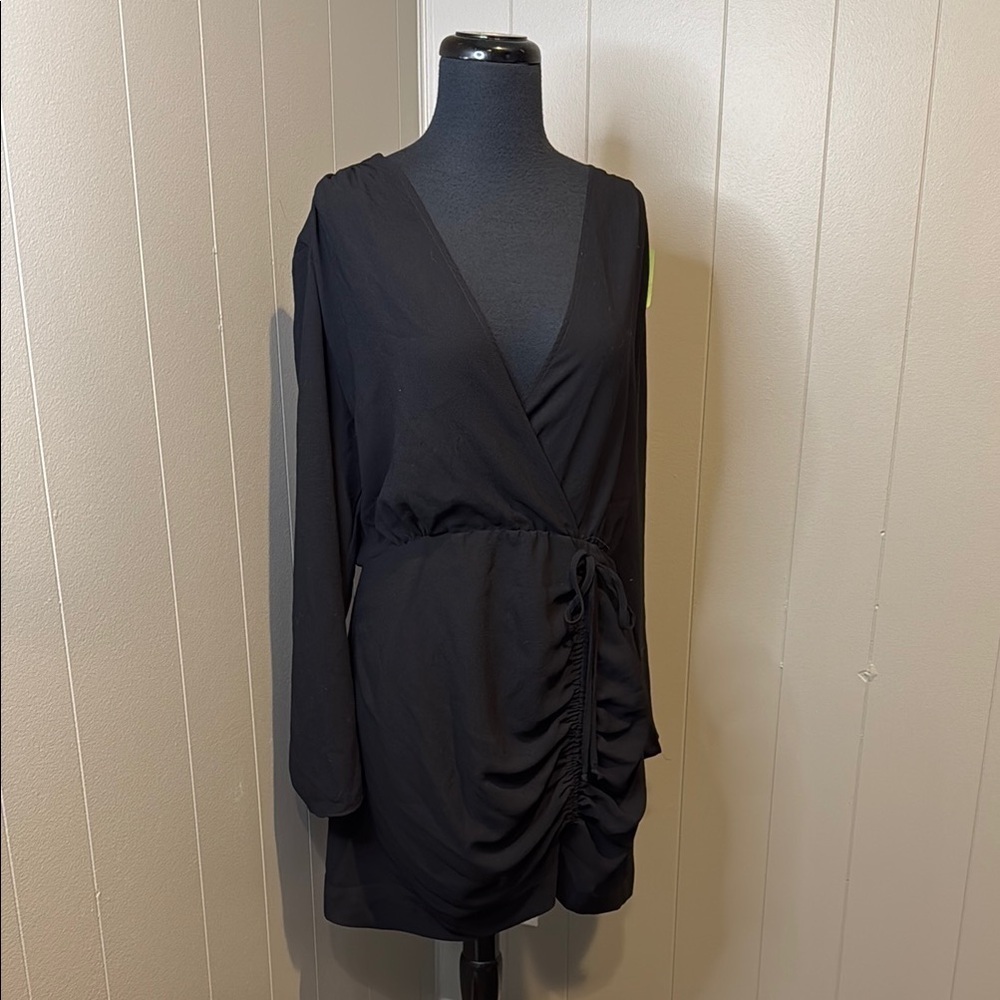 Zara Women’s XL Black Midi Dress Ruched Asymmetrical Wrap V